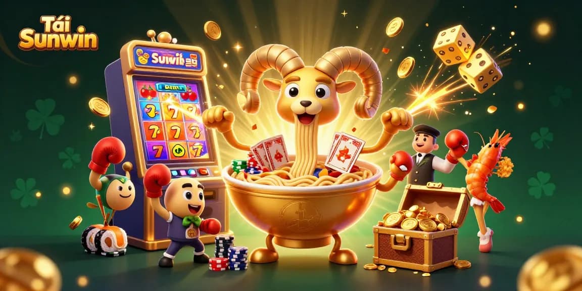 Tải Sunwin to enjoy a vibrant 3D illustration featuring a golden ramen bowl dealer and slot machine surprise.