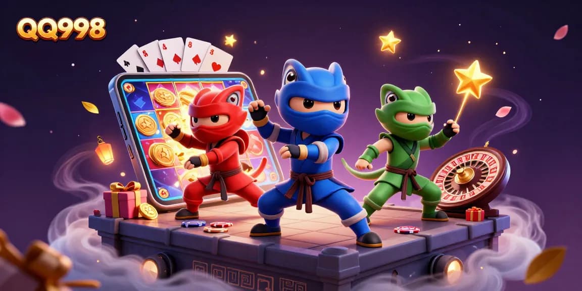 Experience thrilling gameplay with QQ998 featuring three ninja chameleons amidst vibrant casino elements.