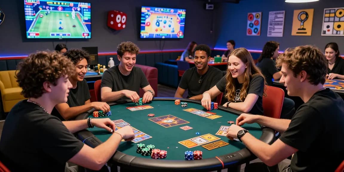 Youthful gamers in a vibrant gaming lounge enjoying gamebaidoithuong card games with dynamic atmosphere.