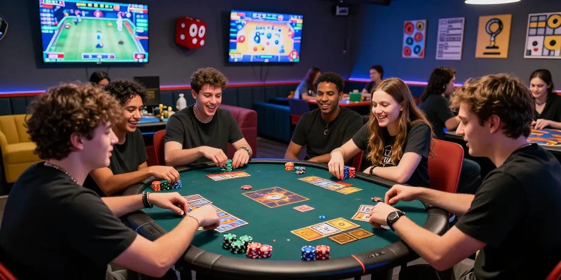 Youthful gamers in a vibrant gaming lounge enjoying gamebaidoithuong card games with dynamic atmosphere.