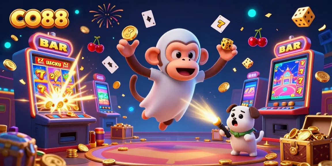 Experience the vibrant allure of CO88 as a mischievous poltergeist monkey juggles golden casino treasures while a curious ghost-hunter puppy observes.