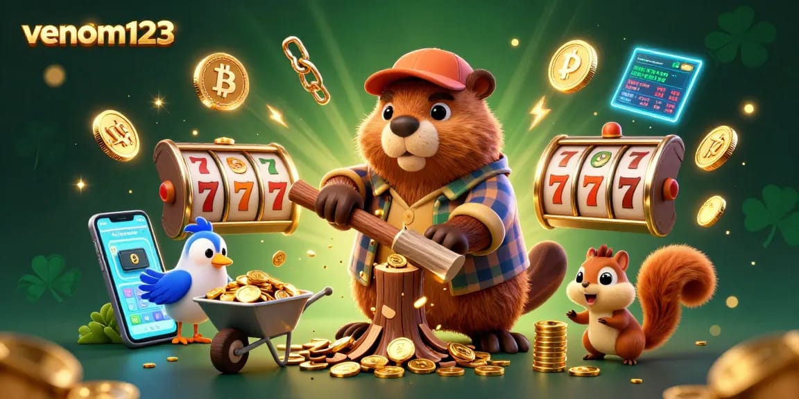 Venom123 menghadirkan pengalaman bermain slot menarik dengan karakter lucu di latar belakang gemerlap.