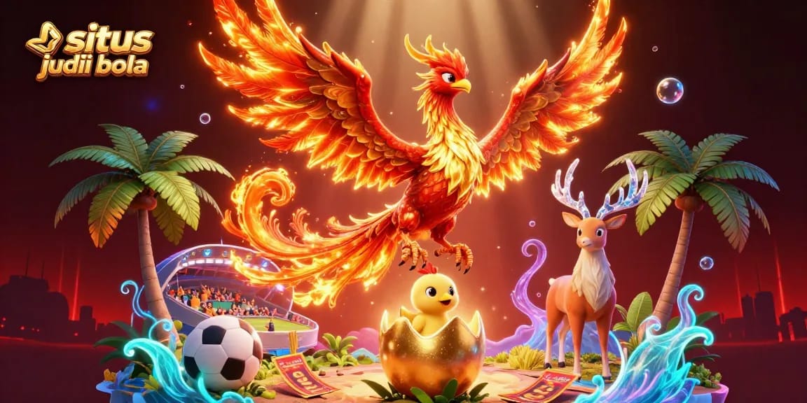 Engage in thrilling sports betting with situs judi bola, featuring a vibrant phoenix scene.