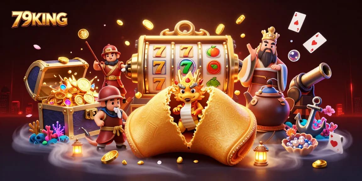 79KING showcases an epic casino scene, featuring vibrant 3D elements and a wise dragon.