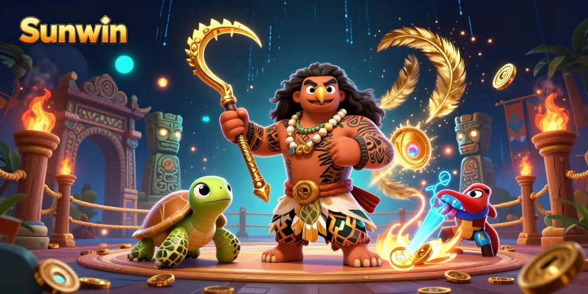 Experience thrilling gaming action with Sunwin's vibrant casino elements and characters in a dynamic atmosphere.