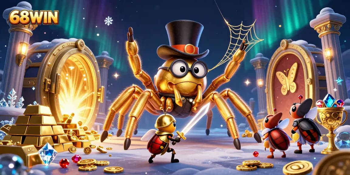 68WIN captures thrilling excitement as characters navigate golden treasures in an immersive casino setting.