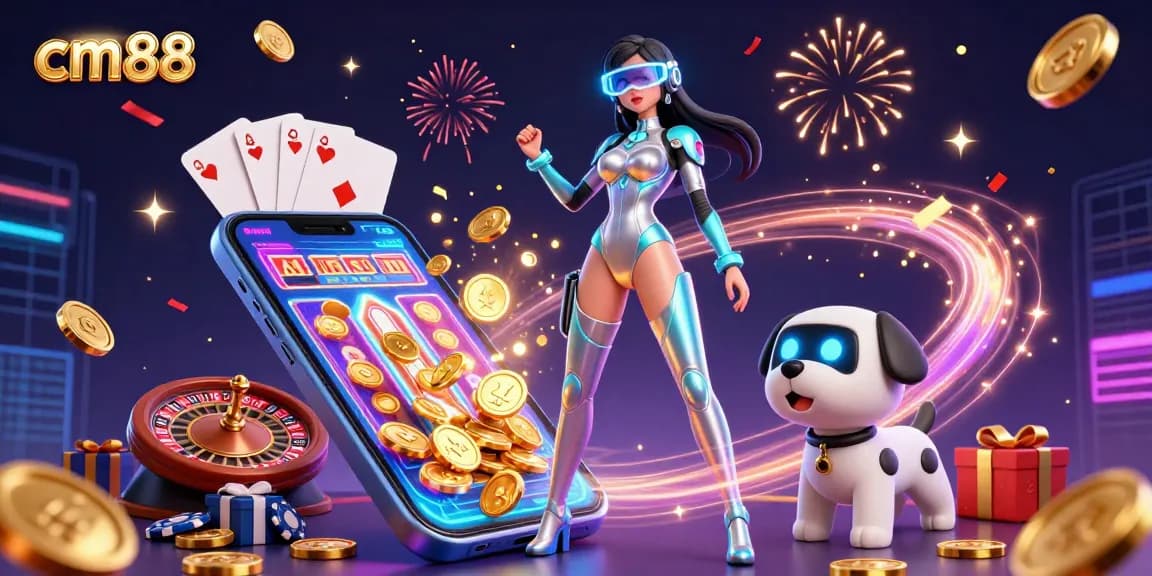 Experience thrilling gameplay with cm88 as a futuristic woman and robot dog play in a vibrant casino setting.