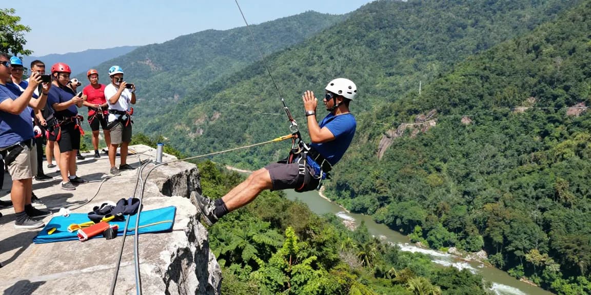 Pengalaman terjun4d saat bungee jumping di tepi jurang dengan pemandangan alam yang indah.