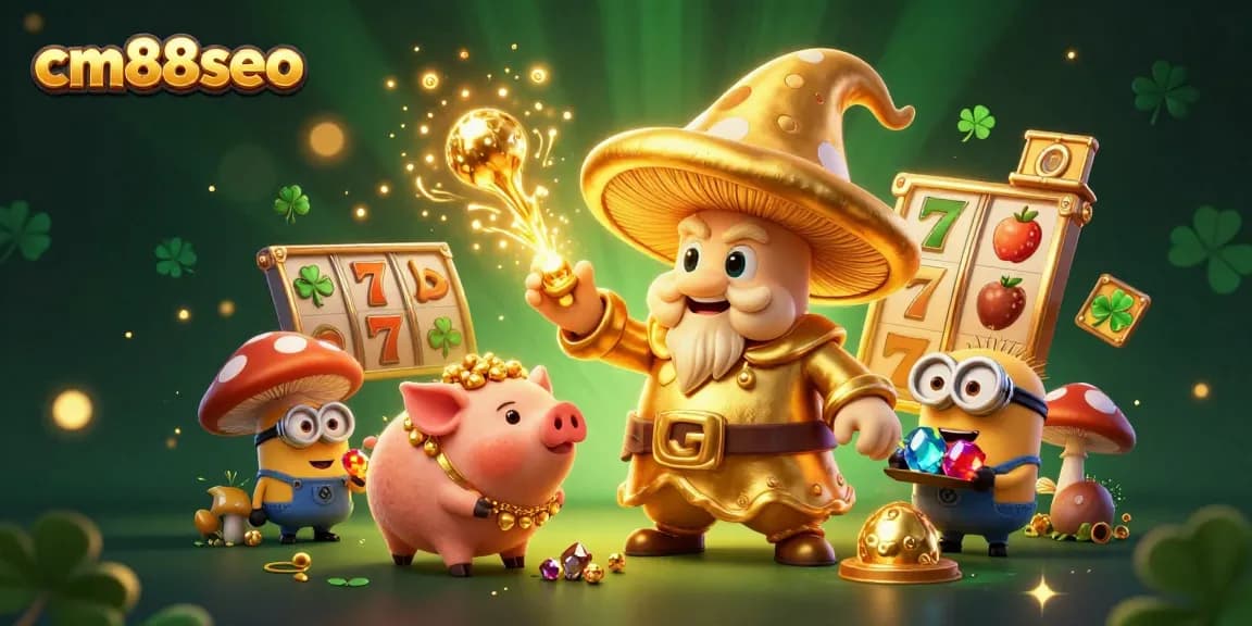 Experience magical wins with cm88seo in this vibrant 3D golden mushroom casino illustration.
