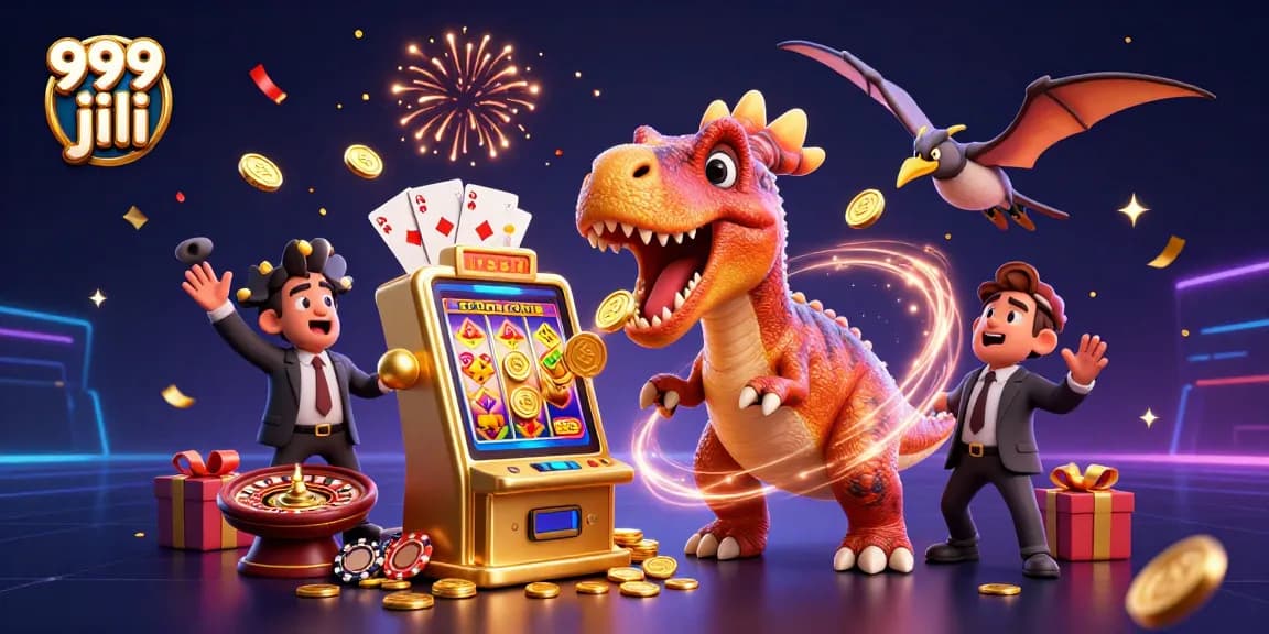 Experience excitement at 999 jili as a pachycephalosaurus hits a golden slot machine, showering coins.