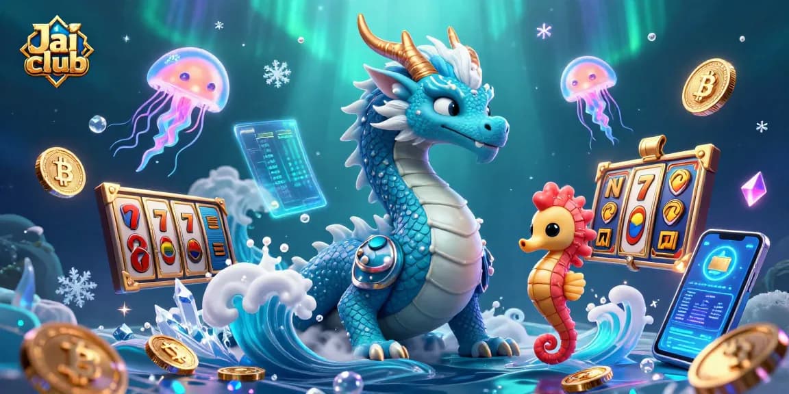 Join the thrilling action on Jai club with vibrant slot game elements alongside a fantasy dragon and seahorse knight.