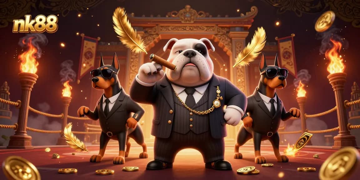 Experience the excitement of nk88 with iconic characters surrounded by golden casino elements and action-packed atmosphere.