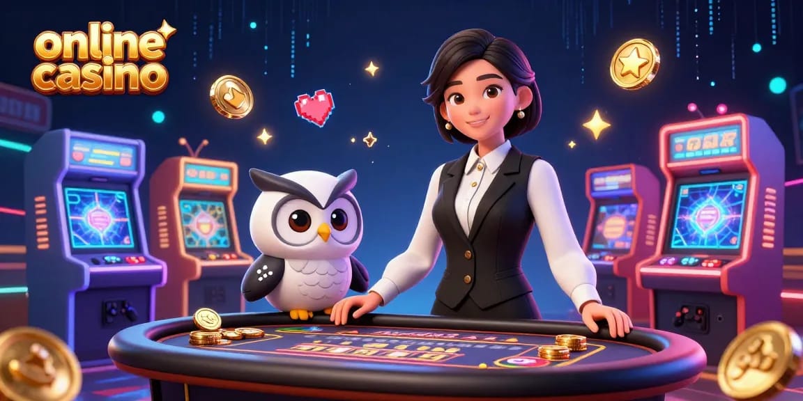 Engaging online casino scene featuring a dealer and assistant at a baccarat table, full of vibrant gaming elements.