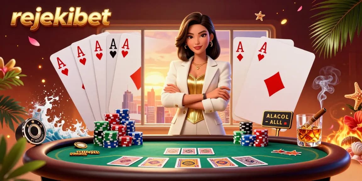 Play thrilling games at rejekibet with a glamorous Asian woman showcasing poker skills amidst vibrant casino elements.
