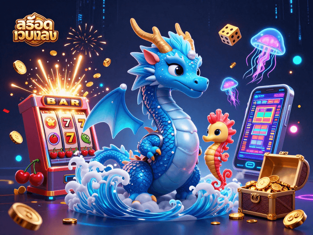 Engage with สล็อตเว็บตรง through a vibrant 3D illustration featuring a water dragon, seahorse knight, and exciting casino elements.
