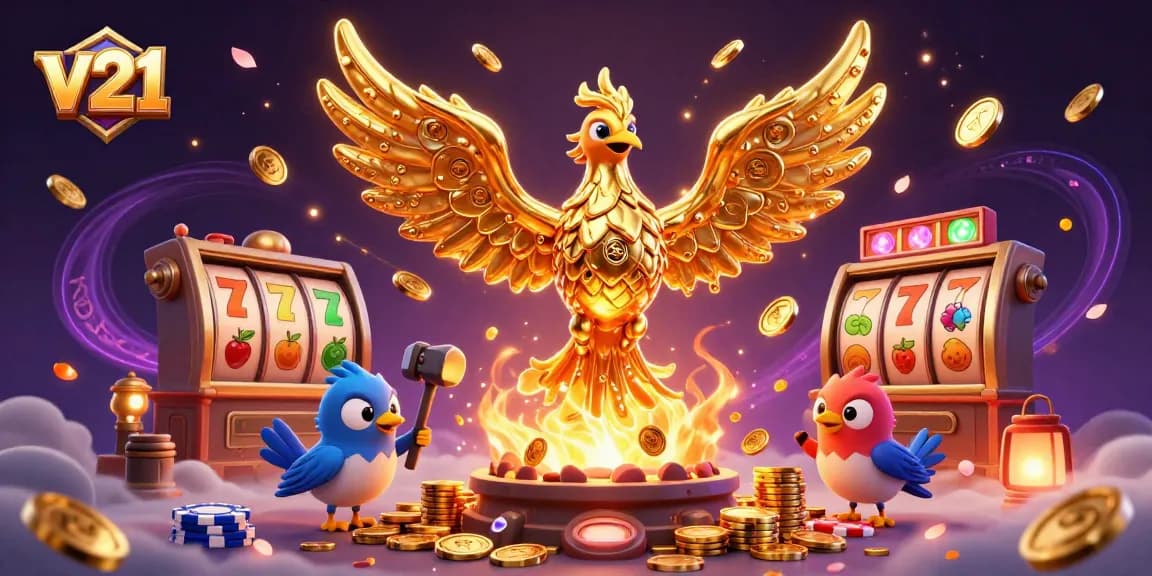 Mainkan v21 dengan slot emas di kasino digital penuh dengan koin dan simbol keberuntungan.