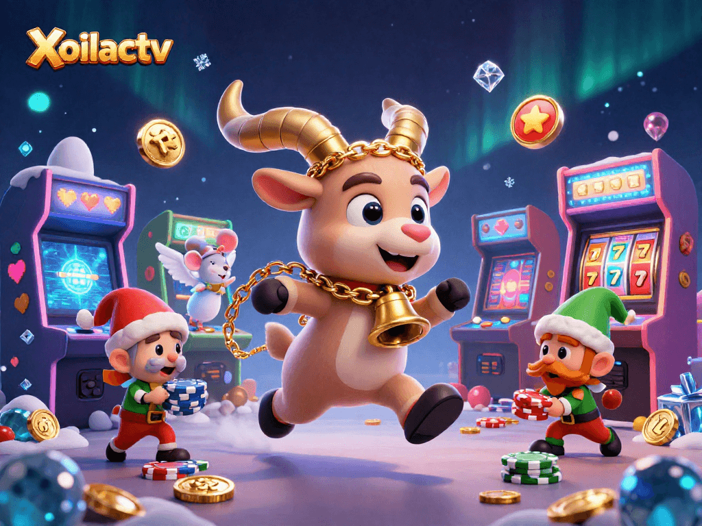 Xoilactv showcases a lively casino environment with a cartoon Krampus goat, angel mouse, and elf gremlins interacting amidst vibrant gaming elements.
