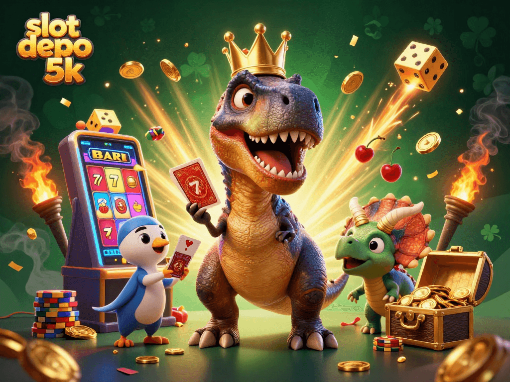Win big with slot depo 5k in this vibrant, dynamic casino-themed illustration.