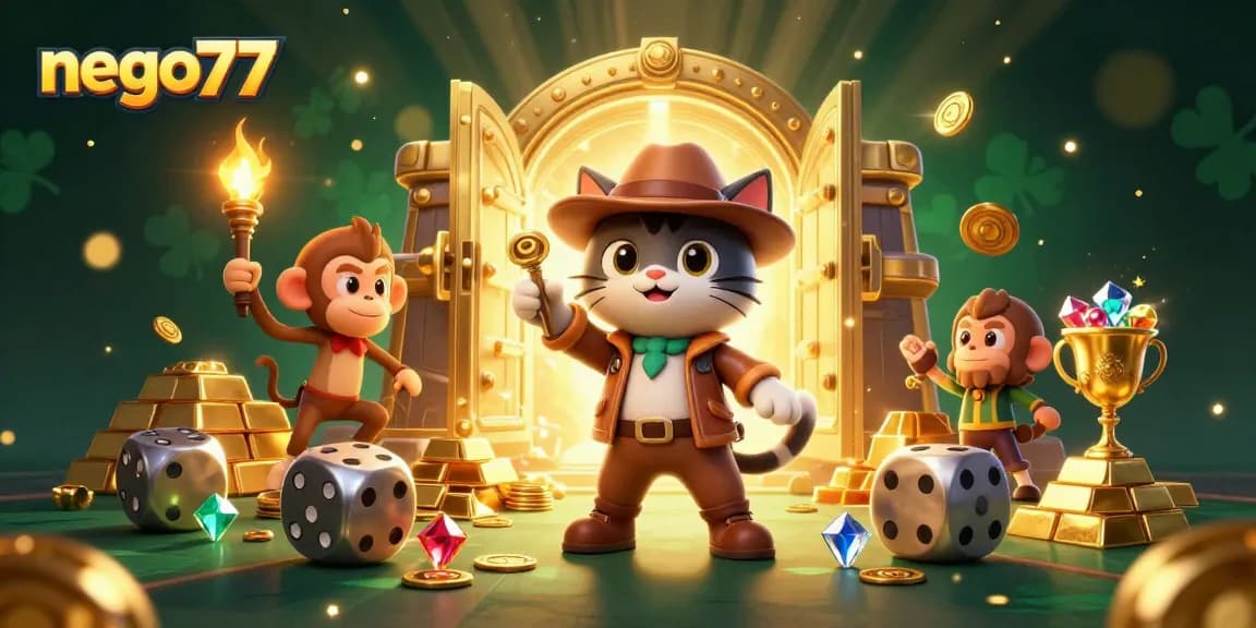 Nego77 mobile players engaging with dynamic casino adventure illustration featuring treasure hunts and gaming excitement.