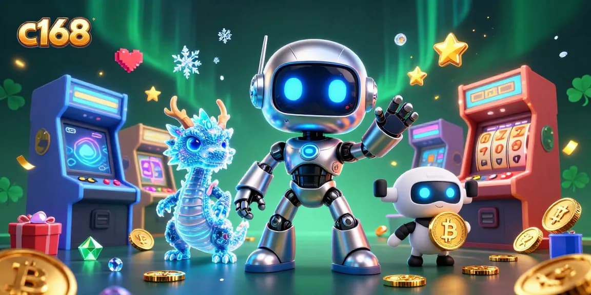 C168 immersive casino atmosphere with a cyberpunk robot and holographic dragon, engaging in thrilling slot gaming.