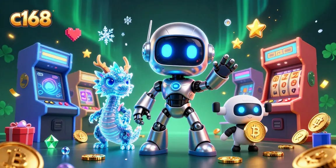 C168 immersive casino atmosphere with a cyberpunk robot and holographic dragon, engaging in thrilling slot gaming.