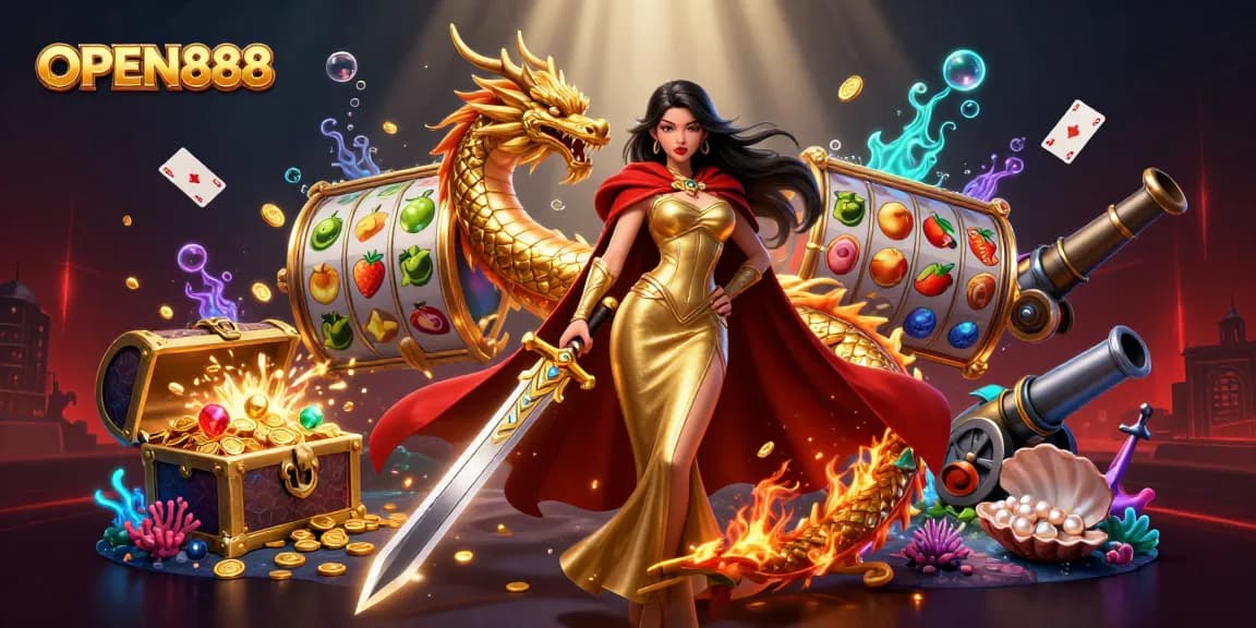 Engage with the exciting world of OPEN888 as a warrior queen commands a vibrant slot game scene.