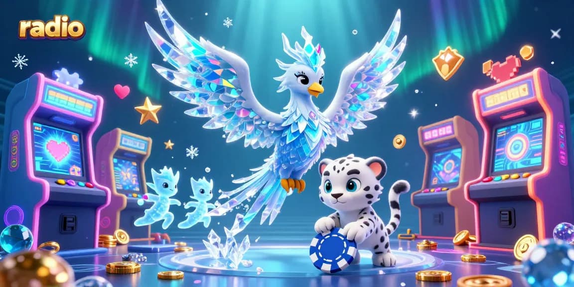 Experience thrilling casino action on the radio while enjoying a vivid illustration of a phoenix and ice sprites in play.