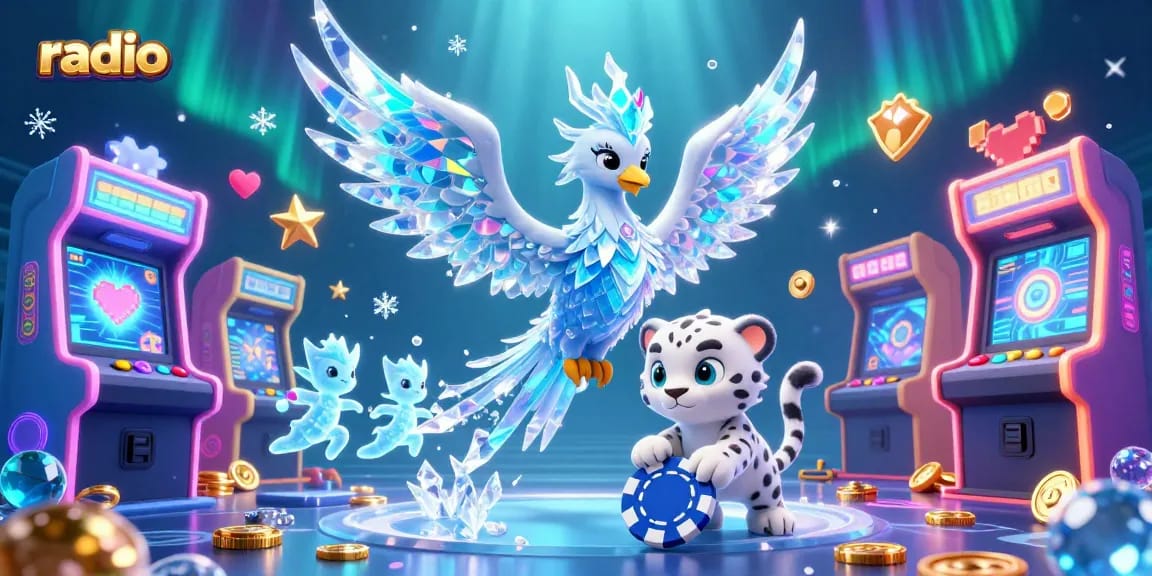 Experience thrilling casino action on the radio while enjoying a vivid illustration of a phoenix and ice sprites in play.