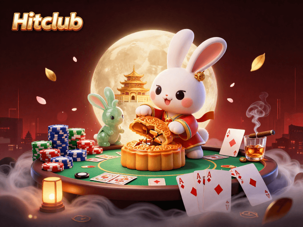 Experience Hitclub's thrilling gaming atmosphere with a playful moon rabbit and poker elements.