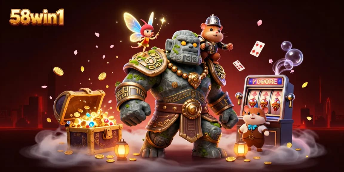 Experience thrilling wins with 58win1 as the golem guardian and hamster knight explore a vibrant casino world.
