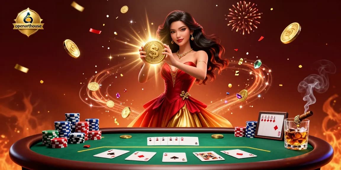 Engage with openarthouse's vibrant 3D casino art featuring a stunning Asian woman, golden coins, and poker elements.