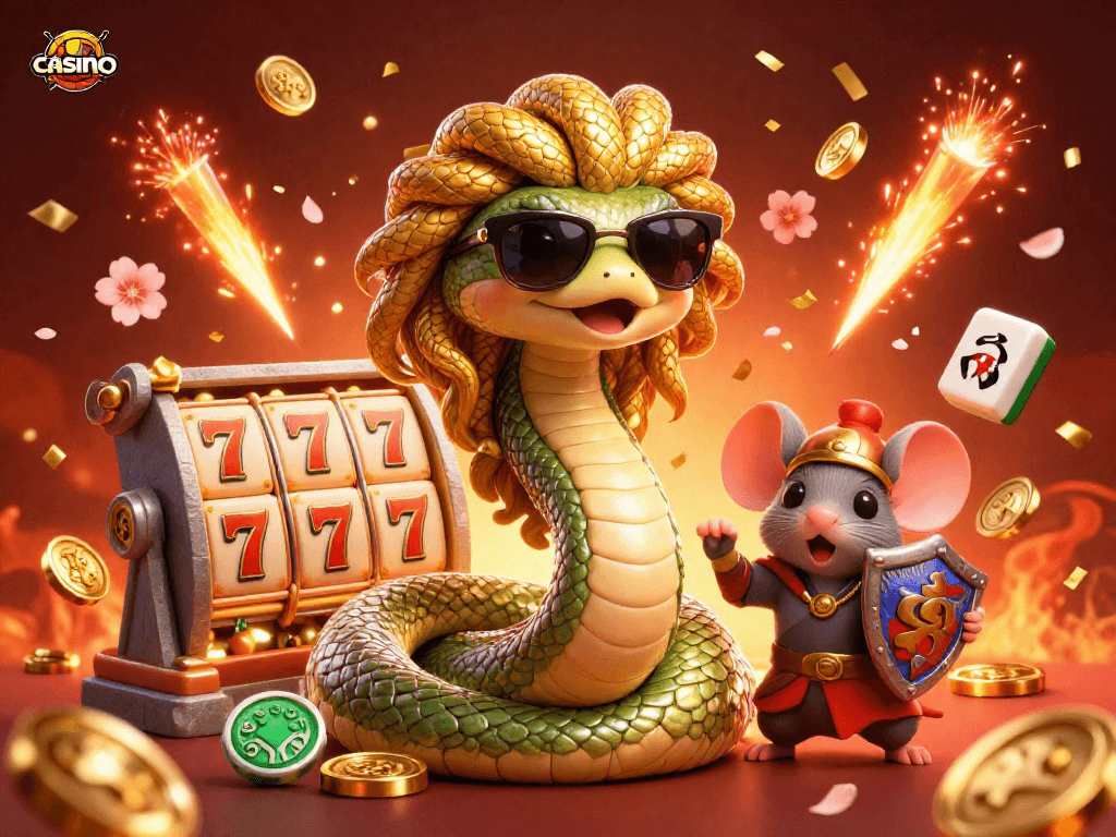 Experience the vibrant excitement of casino gameplay with 3D Medusa and warrior mouse amidst festive elements.