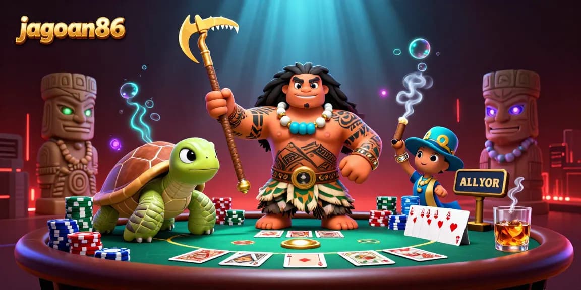 Play cards and win big with jagoan86 featuring an exciting casino scene and dynamic characters.