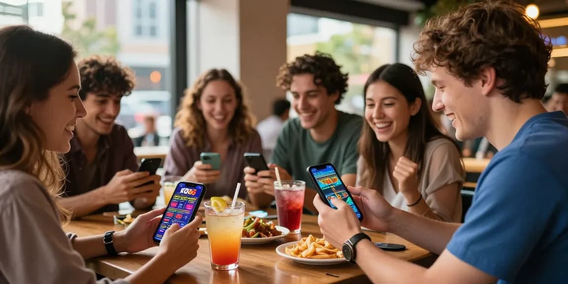 Social gamers enjoying KO66 app in a vibrant café setting