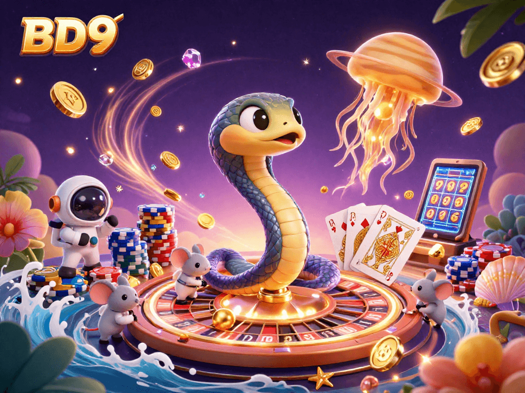 BD9 offers thrilling betting action with a snake-entwined roulette wheel and astronaut mice placing bets.