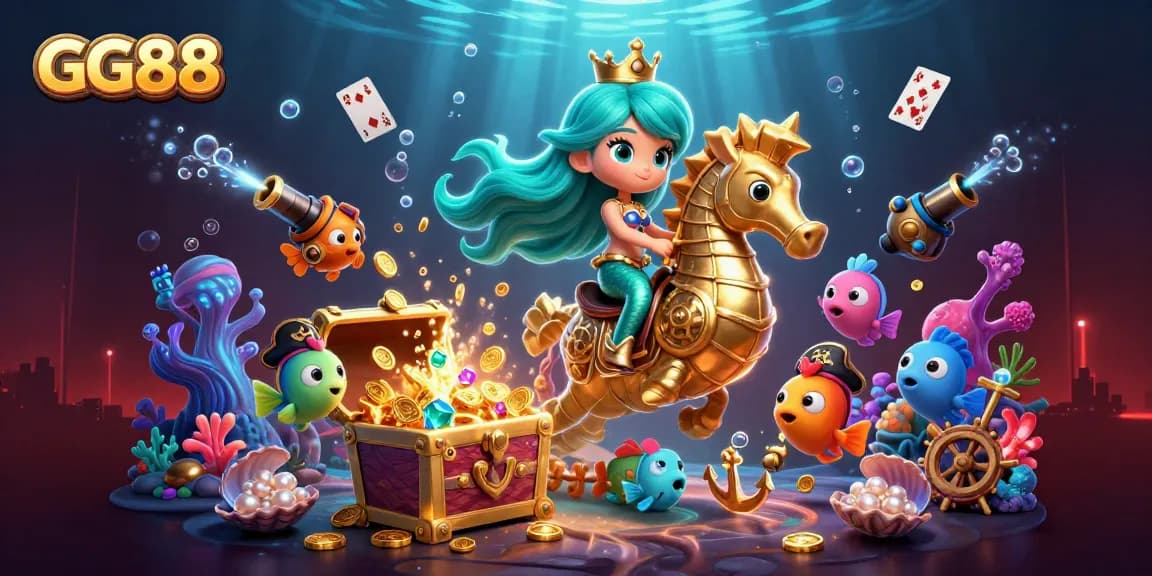 Experience the excitement with GG88's vibrant underwater casino scene featuring a mermaid and seahorse.