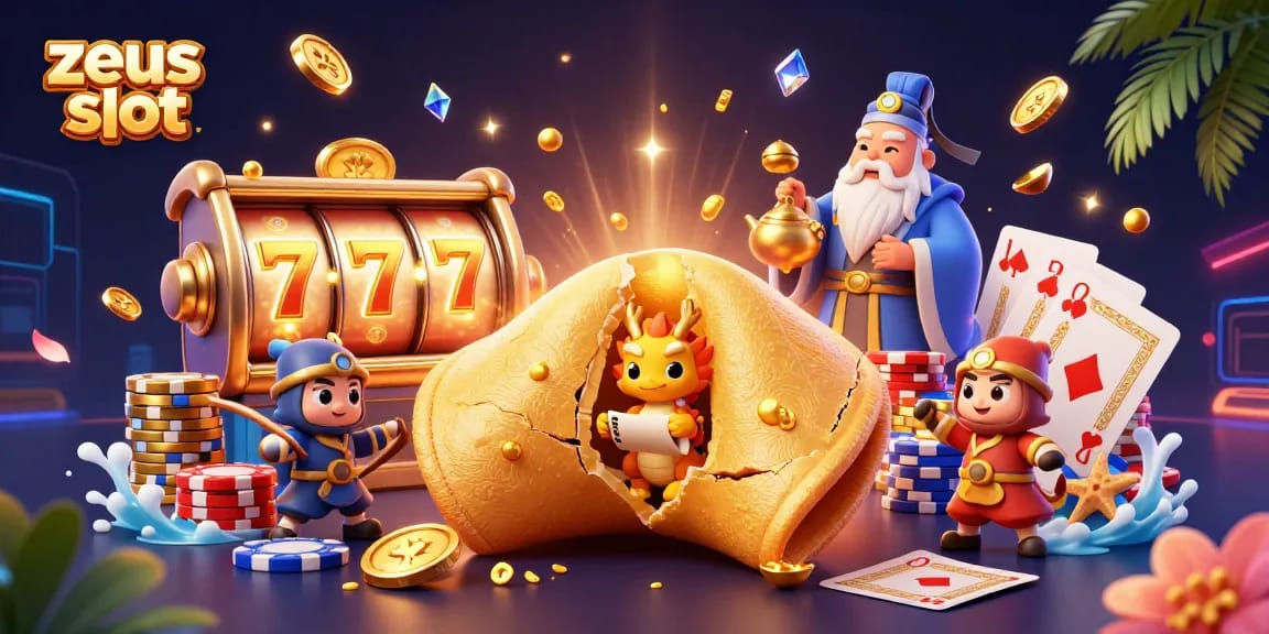 Experience zeus slot with golden coins, poker chips, and lively characters in a vibrant 3D casino scene.