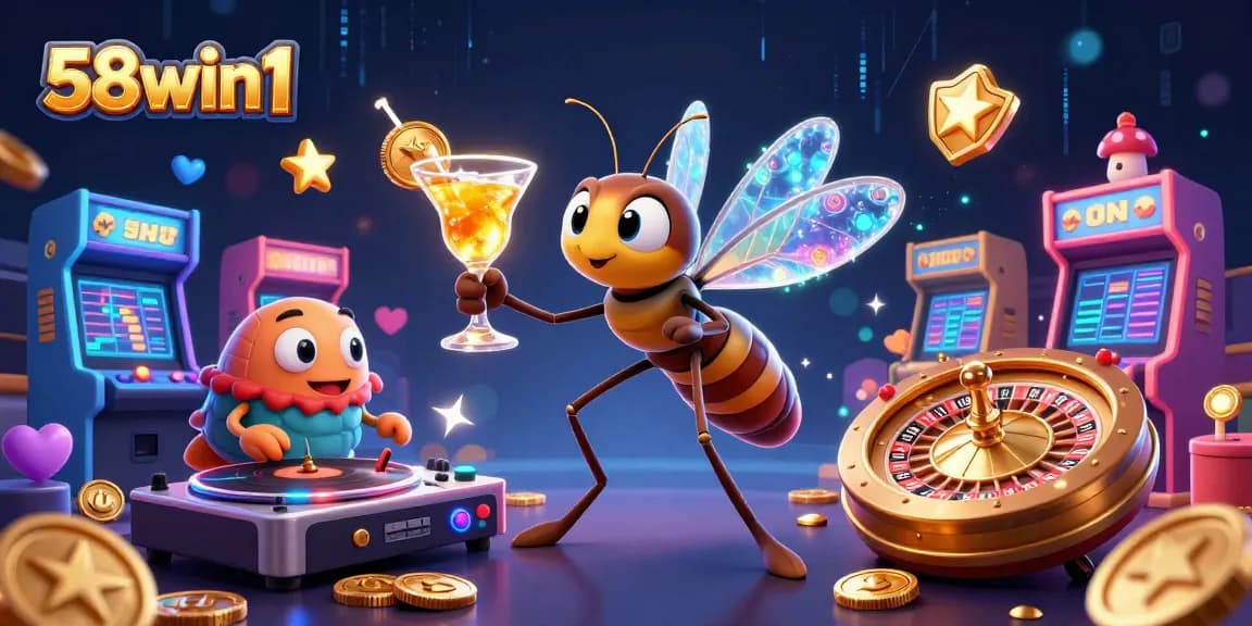 Engage with 58win1 at a vibrant casino, featuring whimsical 3D characters and game elements.