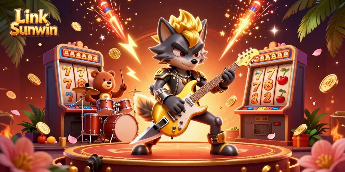 Link Sunwin showcases dynamic slot action with a rock star wolf and a drummer bear.