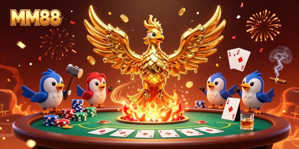 Experience the vibrant MM88 gaming world with a molten phoenix and poker elements in this lively illustration.