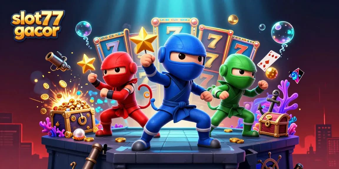 Experience the thrill of slot77 gacor with a dynamic 3D scene showcasing action-packed gaming elements and ninja characters.