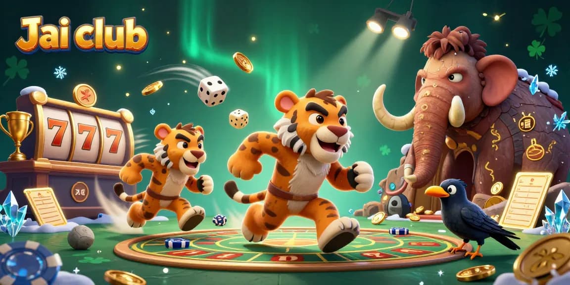 Engage in thrilling gameplay on Jai club with a lively 3D casino scene featuring prehistoric characters.
