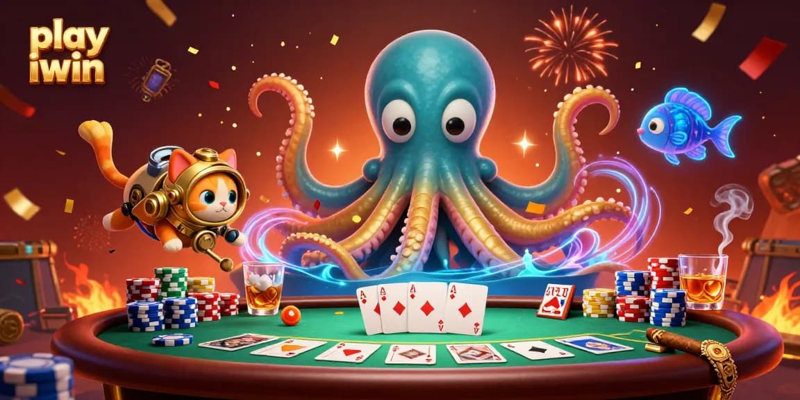 Play iwin today with thrilling poker action, featuring a kraken and a diving cat in a vibrant scene.