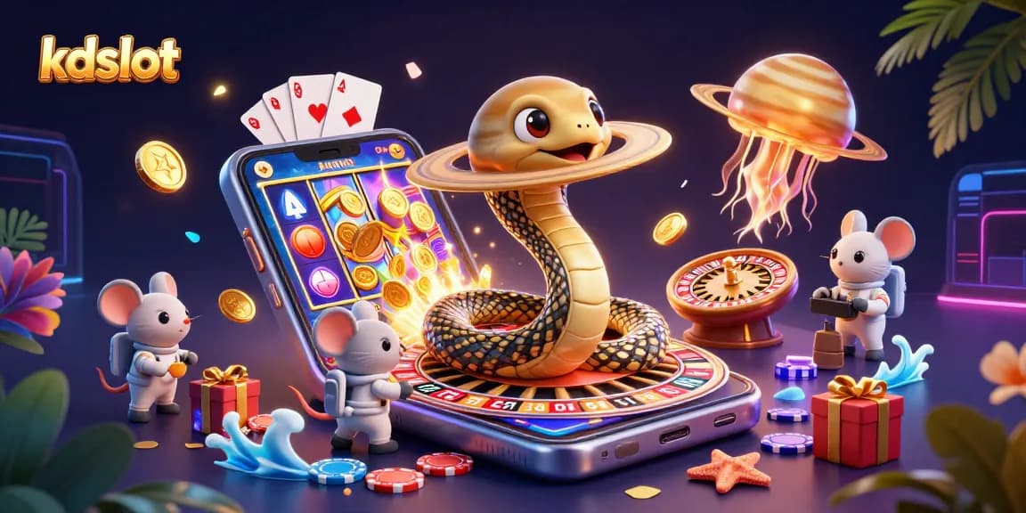 Engage in exciting gameplay at kdslot with a vibrant 3D cosmic gambling scene featuring a roulette wheel and energetic characters.
