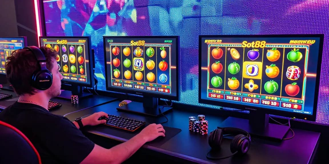 Permainan slot88 online yang seru dengan pemain terlibat di meja modern dan layar menampilkan simbol slot berwarna-warni.
