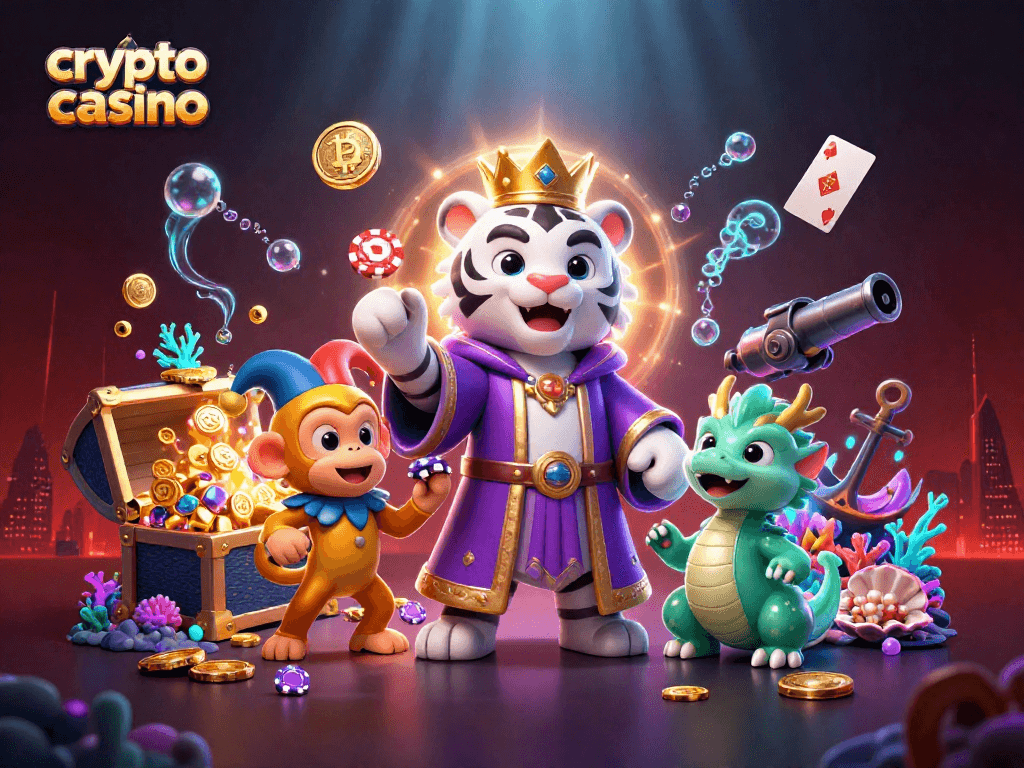 Engage in the vibrant crypto casino world with lively characters and blockchain elements.