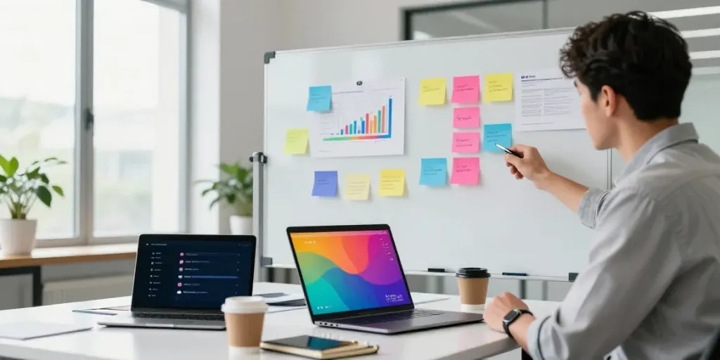 Marketer collaborating in a modern office with sabi4d digital marketing strategies and analytics.