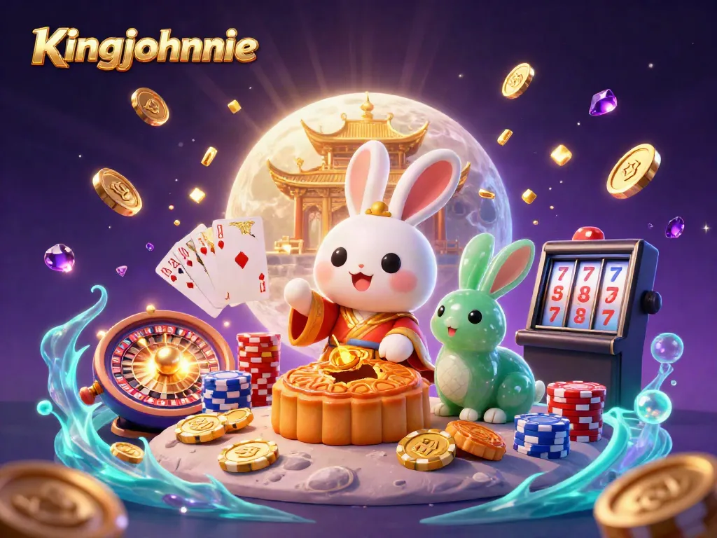 Experience kingjohnnie's vibrant casino adventure with a moon rabbit and treasures in a magical scene.