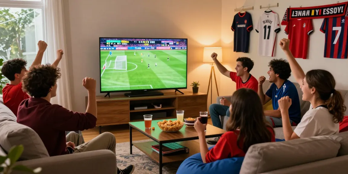 Friends enjoying a live sports match with source كورة لايف in a cozy setting, celebrating goals and teamwork.