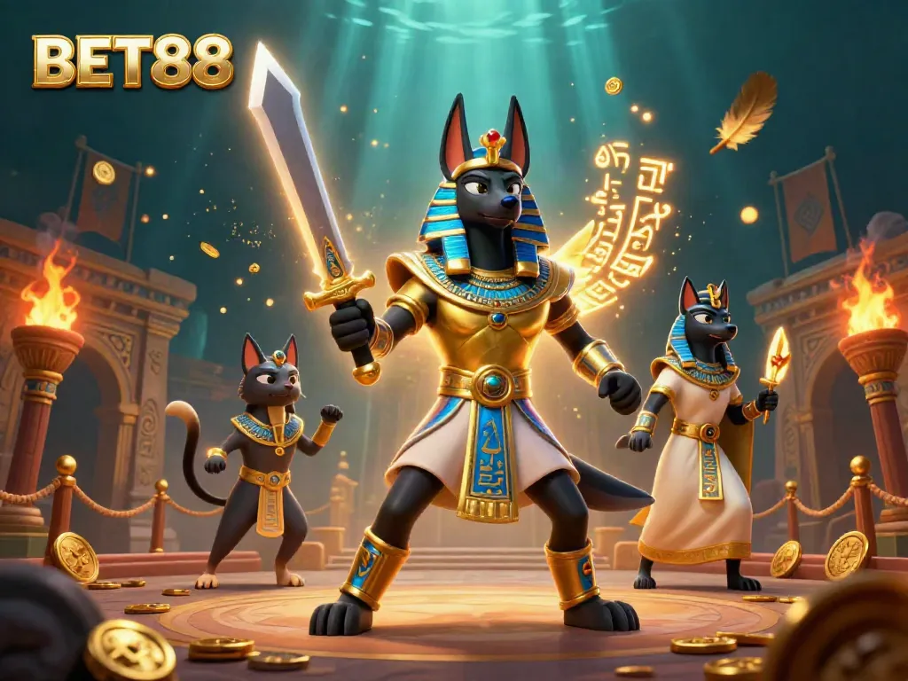 Experience the excitement of BET88 with vibrant 3D casino scenes featuring Anubis and Bastet.